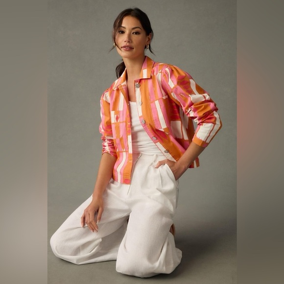 Anthropologie Porridge Ria Printed Shirt Jacket Medium Orange bold colorful pink - Picture 4 of 11